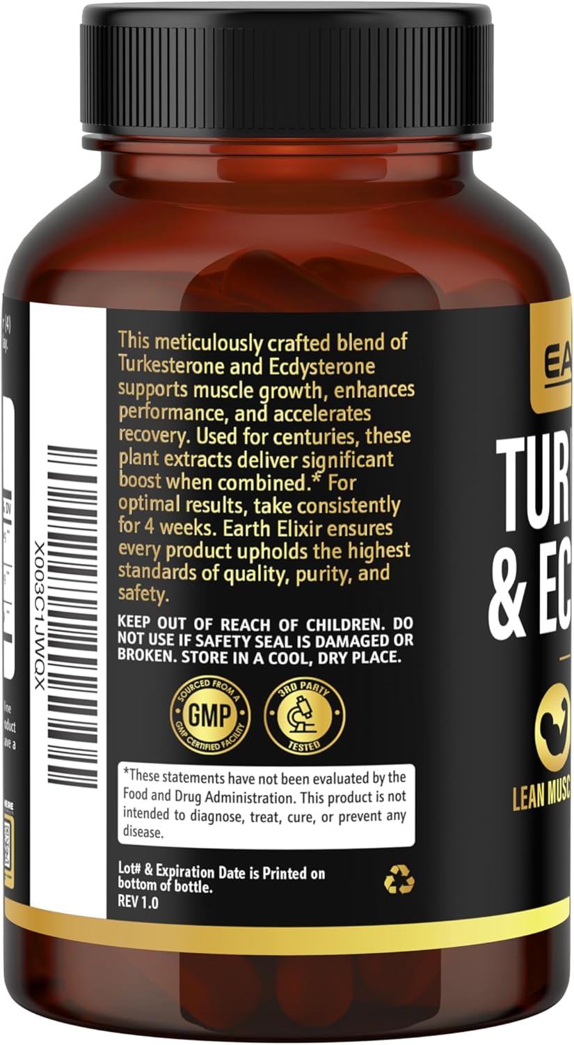 1000mg Earth Elixir Turkesterone and Ecdysterone Capsules (180 Count) - 2 Month Supply - 95% Beta Ecdysterone - Third-Party Tested for Men