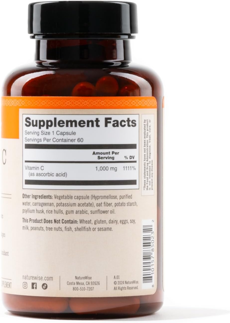 1000mg Extra Strength Vitamin C Capsules for Daily Immune Support - Vegan, Non-GMO, Gluten Free - 60 Count Bottle