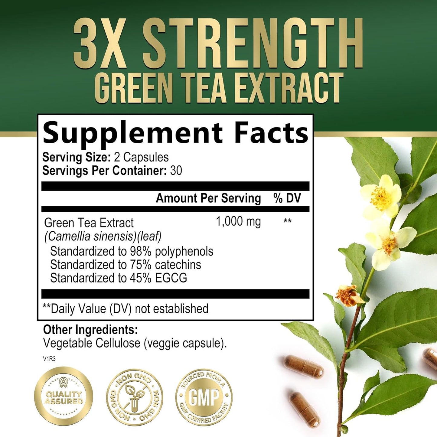 1000mg Green Tea Extract Pills - High Strength with 98% EGCG & Polyphenols for Energy & Heart Health - 60 Capsules