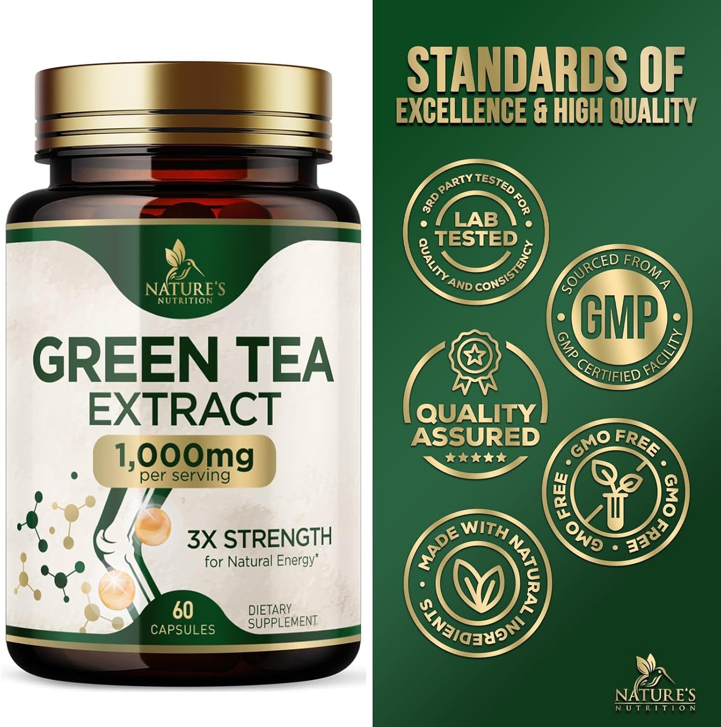 1000mg Green Tea Extract Pills - High Strength with 98% EGCG & Polyphenols for Energy & Heart Health - 60 Capsules