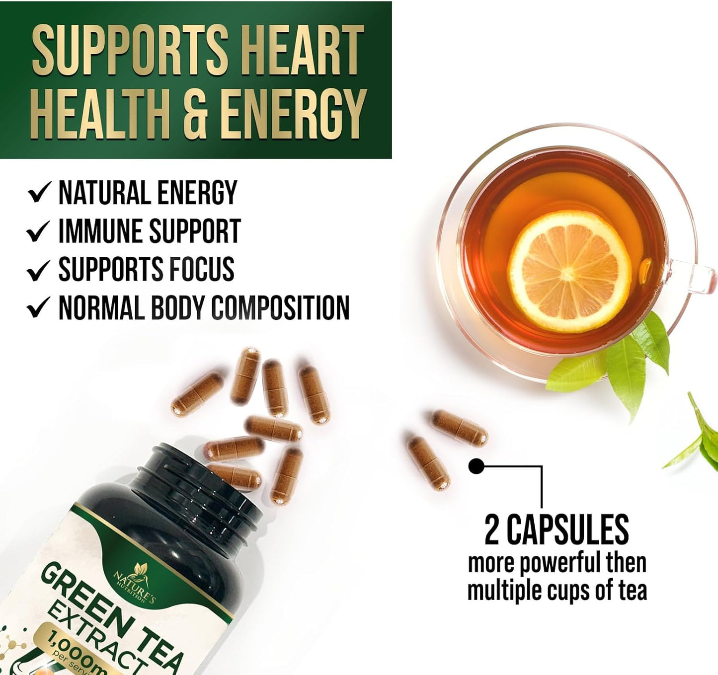 1000mg Green Tea Extract Pills - High Strength with 98% EGCG & Polyphenols for Energy & Heart Health - 60 Capsules