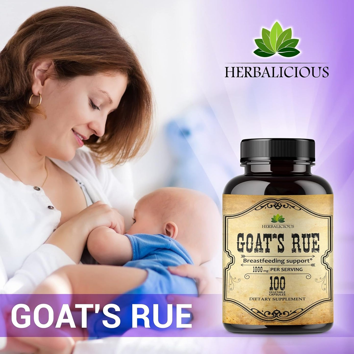 1000mg Herbal Goat's Rue Capsules - Natural Galega Officinalis Breastfeeding Supplement - Supports Breast Milk Production - 100 Capsules