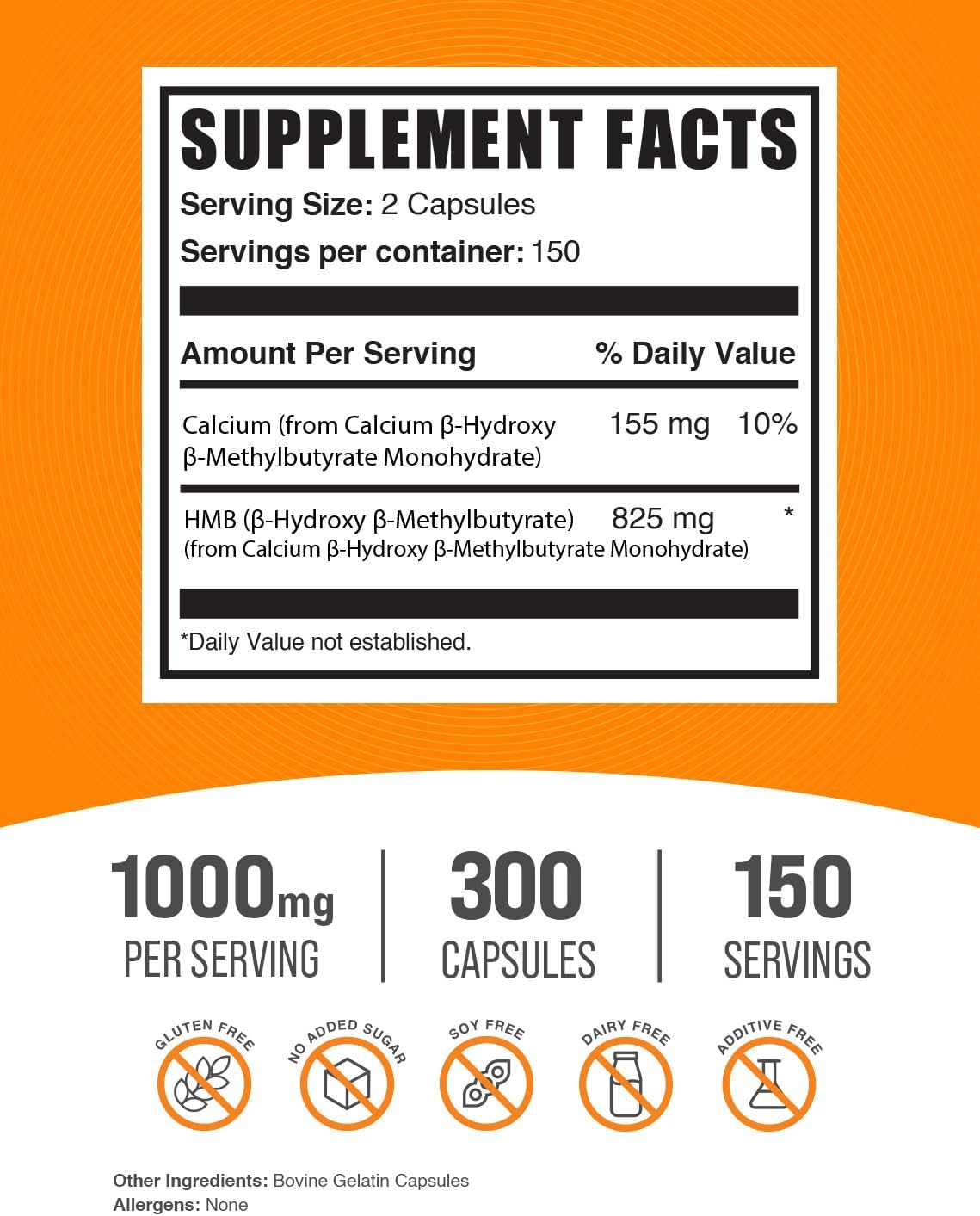 1000mg HMB Capsules - Calcium HMB Supplement, Beta-Hydroxy Beta-Methylbutyrate - Gluten Free, 300 Capsules