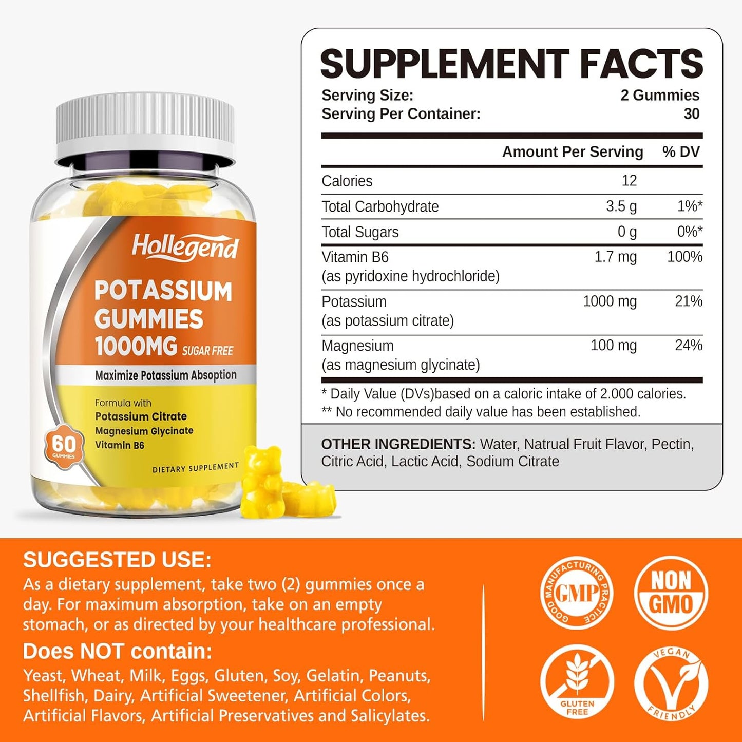1000mg HOLLEGEND Potassium Gummies with Vitamin B6 & Magnesium - Potassium Citrate Supplement for Adults - 60 Count Sugar Free