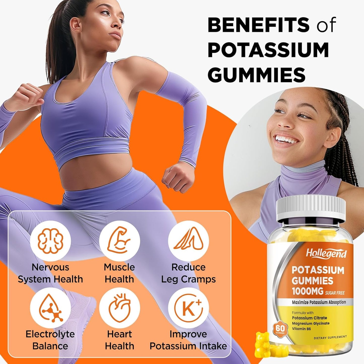 1000mg HOLLEGEND Potassium Gummies with Vitamin B6 & Magnesium - Potassium Citrate Supplement for Adults - 60 Count Sugar Free