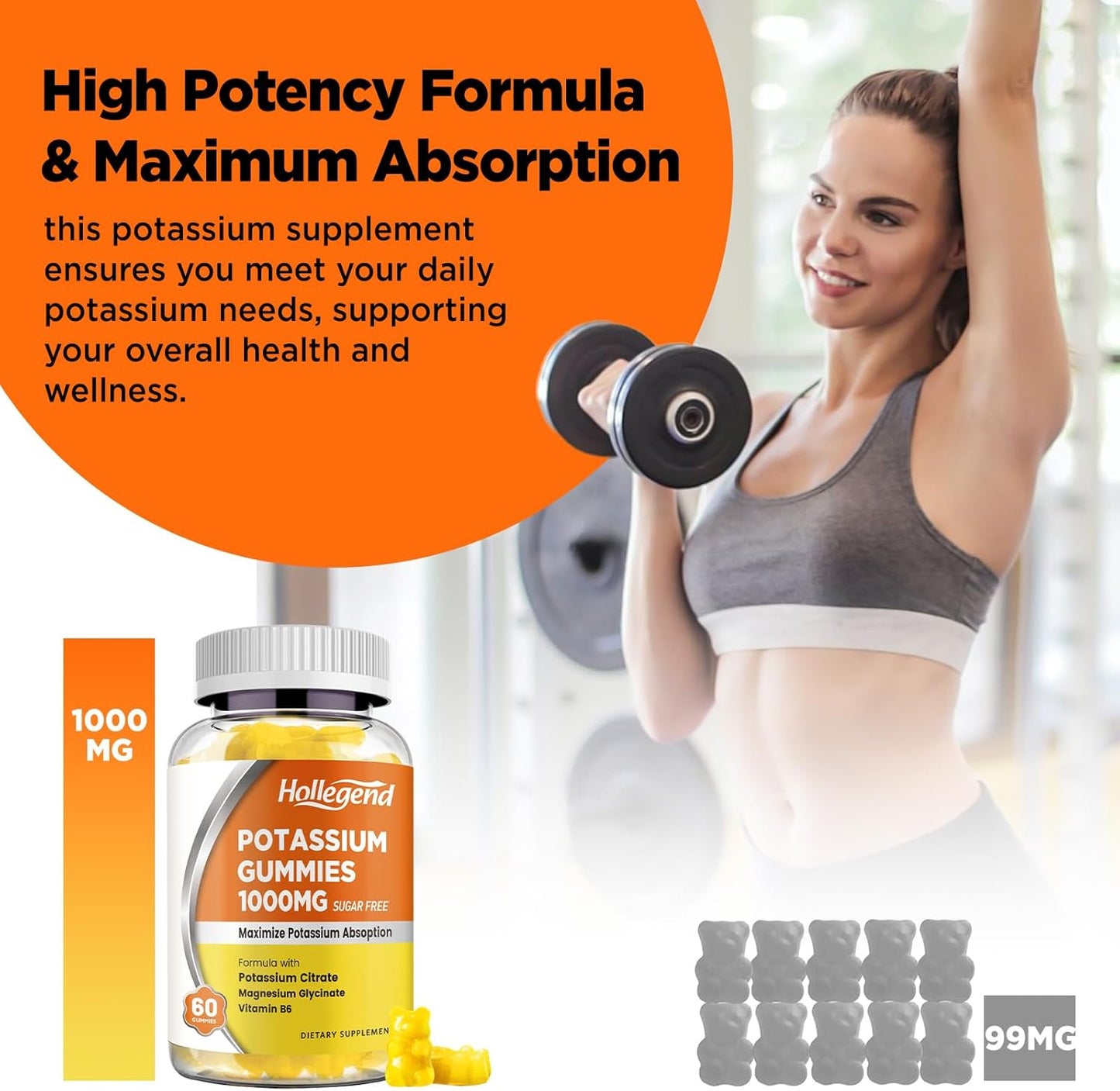 1000mg HOLLEGEND Potassium Gummies with Vitamin B6 & Magnesium - Potassium Citrate Supplement for Adults - 60 Count Sugar Free