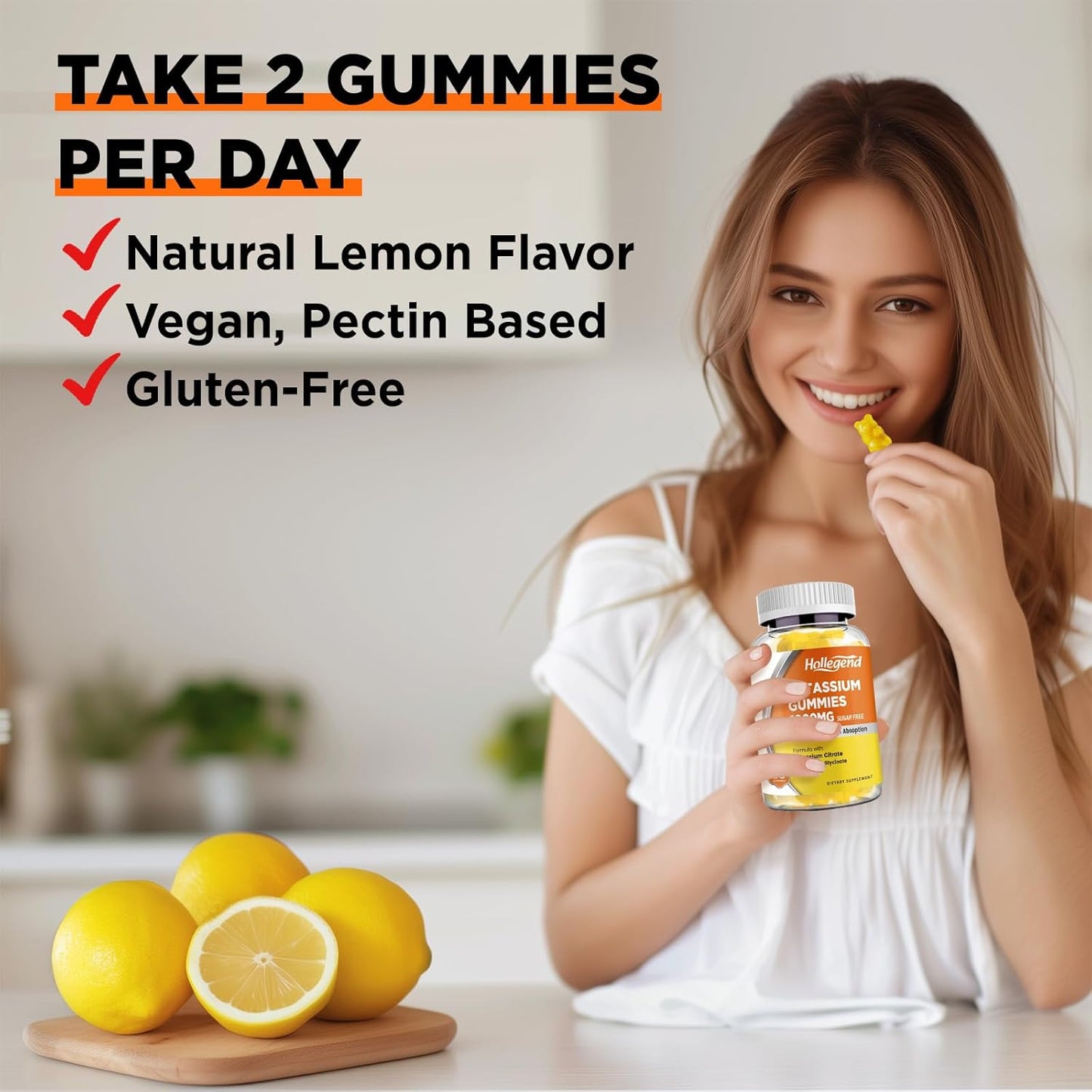 1000mg HOLLEGEND Potassium Gummies with Vitamin B6 & Magnesium - Potassium Citrate Supplement for Adults - 60 Count Sugar Free