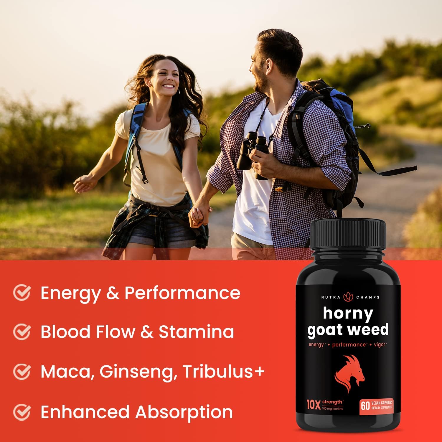 1000mg Horny Goat Weed Energy Supplement with Ginseng, Tribulus & Maca - 60 Vegan Capsules