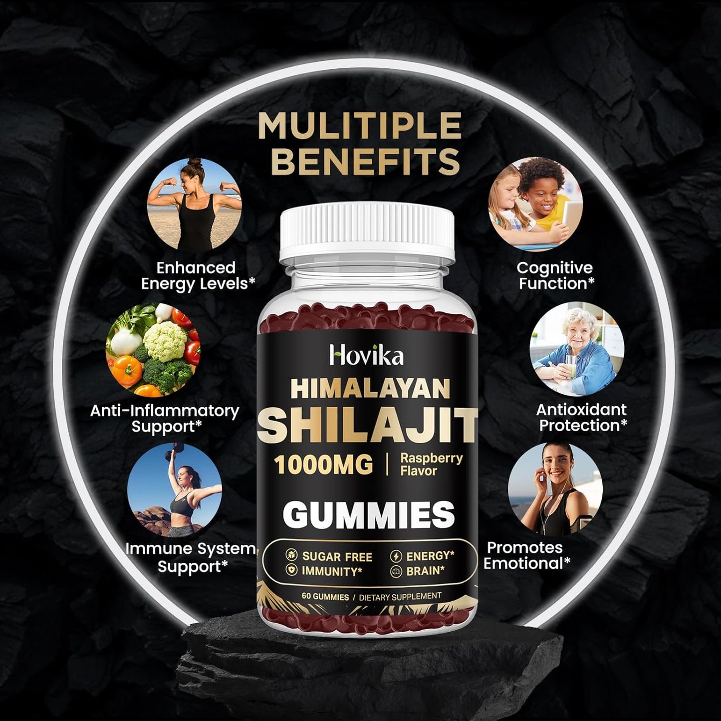 1000mg Hovika Shilajit Gummies for Energy & Immune Support - Pure Himalayan Shilajit with Ashwagandha, Turmeric, Black Pepper - 85+ Trace Minerals - Sugar Free Raspberry Flavor - 60 Count