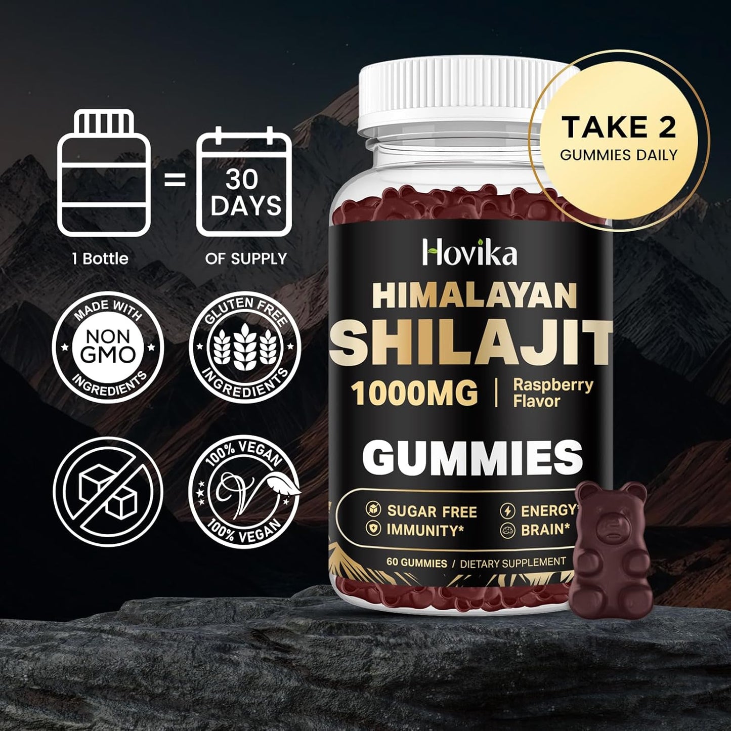 1000mg Hovika Shilajit Gummies for Energy & Immune Support - Pure Himalayan Shilajit with Ashwagandha, Turmeric, Black Pepper - 85+ Trace Minerals - Sugar Free Raspberry Flavor - 60 Count