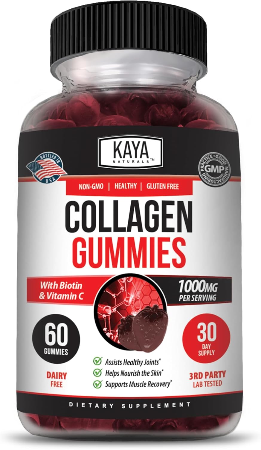 1000mg Hydrolyzed Collagen Gummies with Vitamin C, Selenium, & Biotin - 60 Count Strawberry Gummies for Men & Women by Kaya Naturals