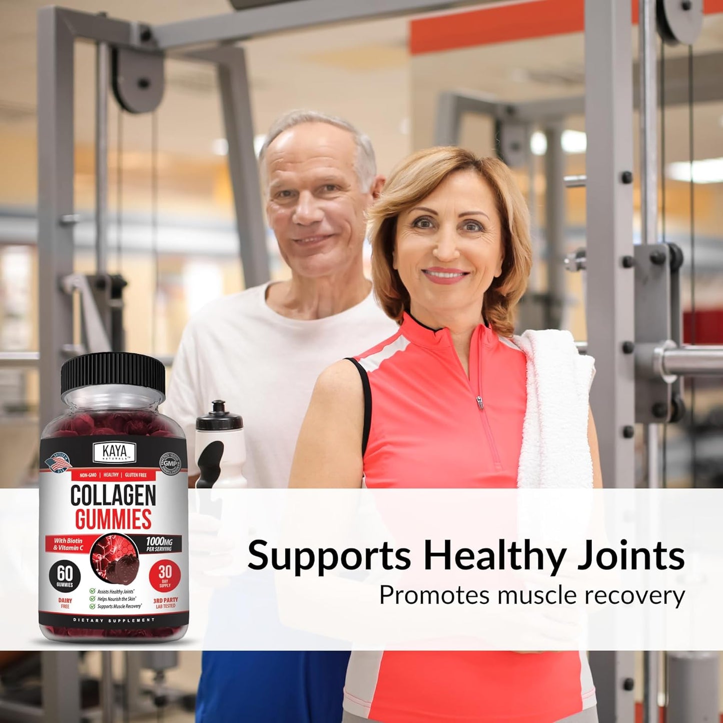 1000mg Hydrolyzed Collagen Gummies with Vitamin C, Selenium, & Biotin - 60 Count Strawberry Gummies for Men & Women by Kaya Naturals