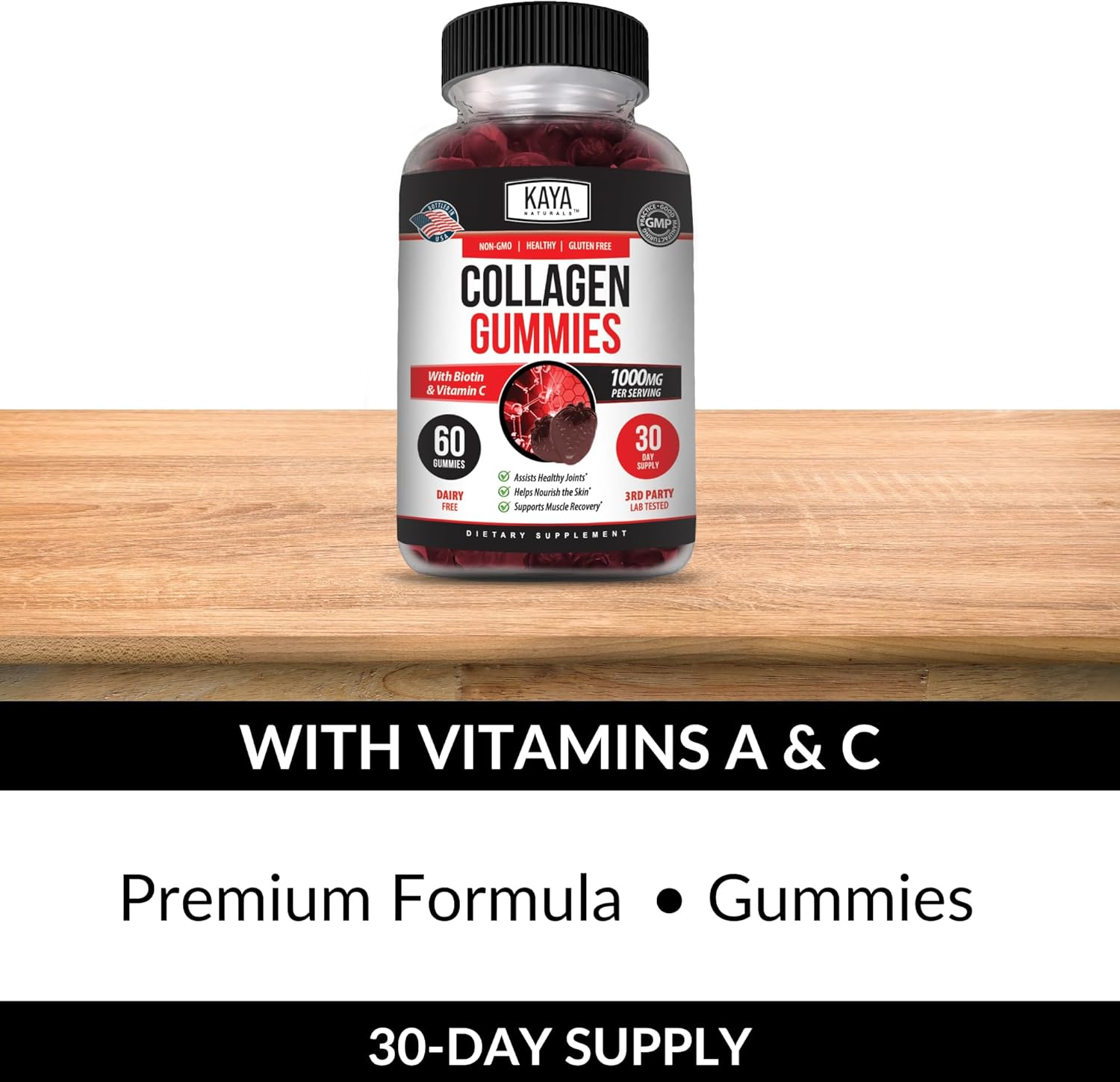 1000mg Hydrolyzed Collagen Gummies with Vitamin C, Selenium, & Biotin - 60 Count Strawberry Gummies for Men & Women by Kaya Naturals