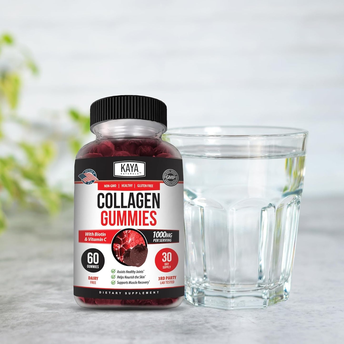 1000mg Hydrolyzed Collagen Gummies with Vitamin C, Selenium, & Biotin - 60 Count Strawberry Gummies for Men & Women by Kaya Naturals