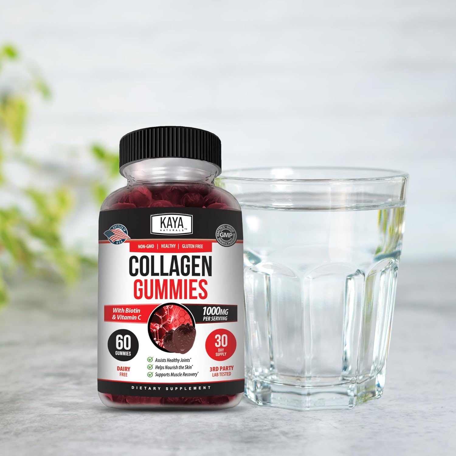 1000mg Hydrolyzed Collagen Gummies with Vitamin C, Selenium, & Biotin - 60 Count Strawberry Gummies for Men & Women by Kaya Naturals