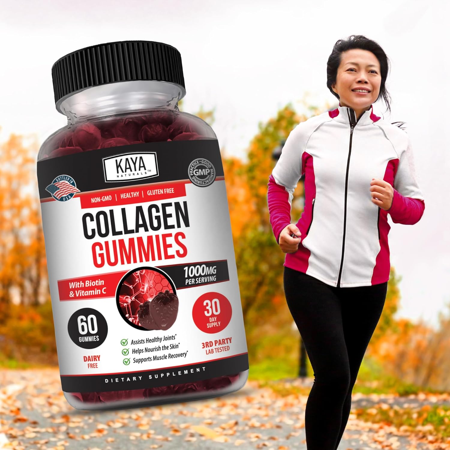 1000mg Hydrolyzed Collagen Gummies with Vitamin C, Selenium, & Biotin - 60 Count Strawberry Gummies for Men & Women by Kaya Naturals