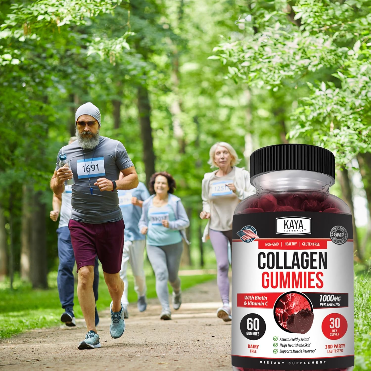 1000mg Hydrolyzed Collagen Gummies with Vitamin C, Selenium, & Biotin - 60 Count Strawberry Gummies for Men & Women by Kaya Naturals