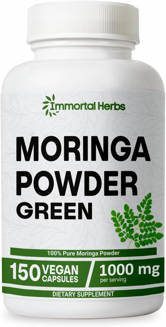 1000mg Immortal Herbs Moringa Capsules - 150 Pills, 20:1 Strength Pure Leaf Powder for Digestive & Immune Support - Non-GMO & Gluten Free Supplement