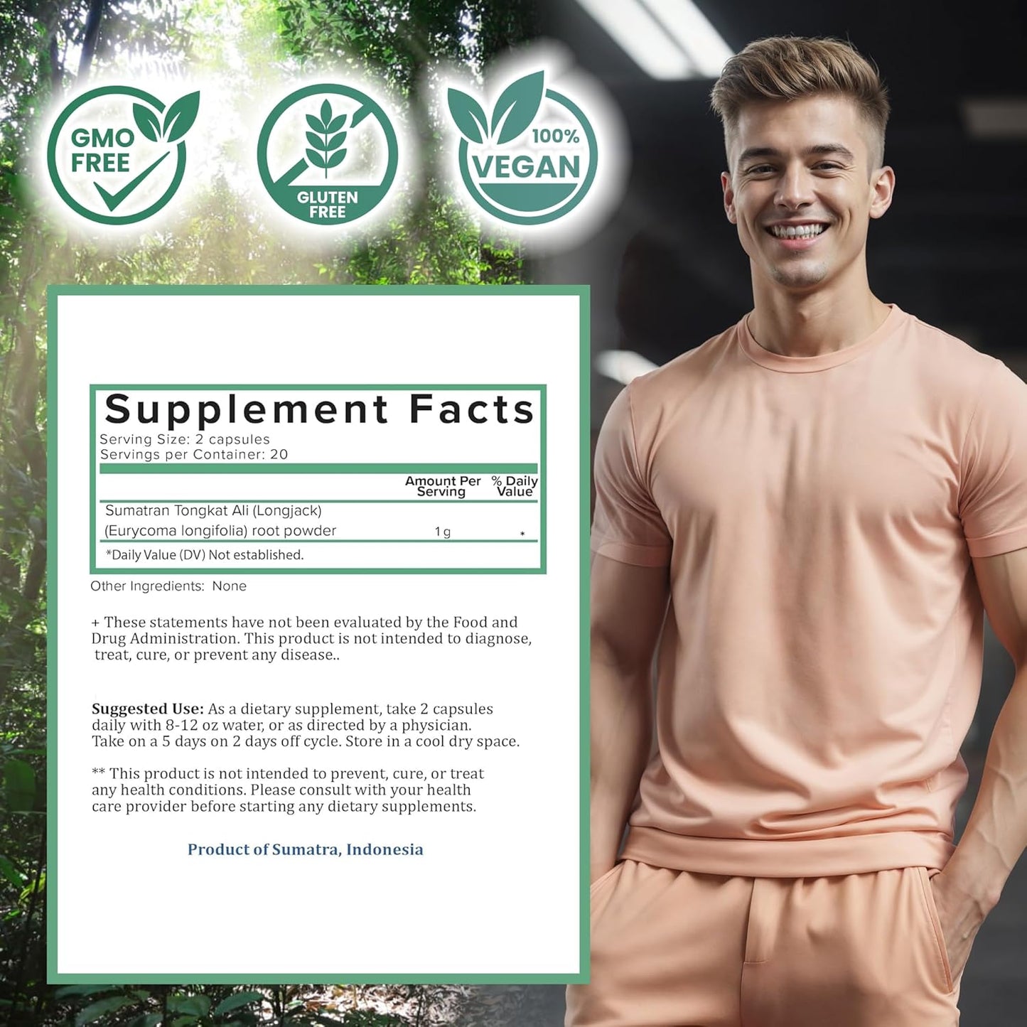 1000mg Indonesian Tongkat Ali Capsules | Wild Harvested Eurycoma Longifolia Roots | 100% Pure - No Fillers | Men and Women | 30 Day Supply