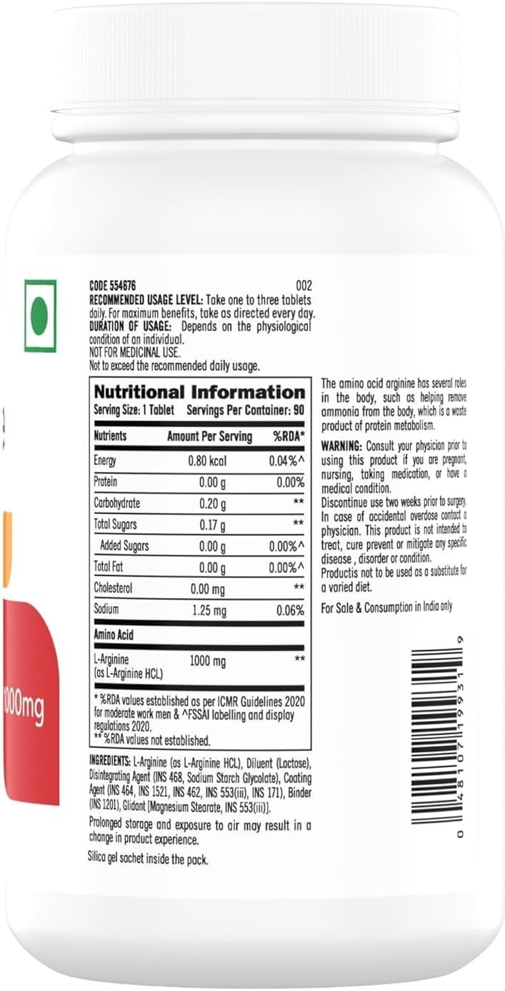 1000mg L-Arginine Tablets for Muscle Growth and Nitric Oxide Boost, USA-Made, 90 Count