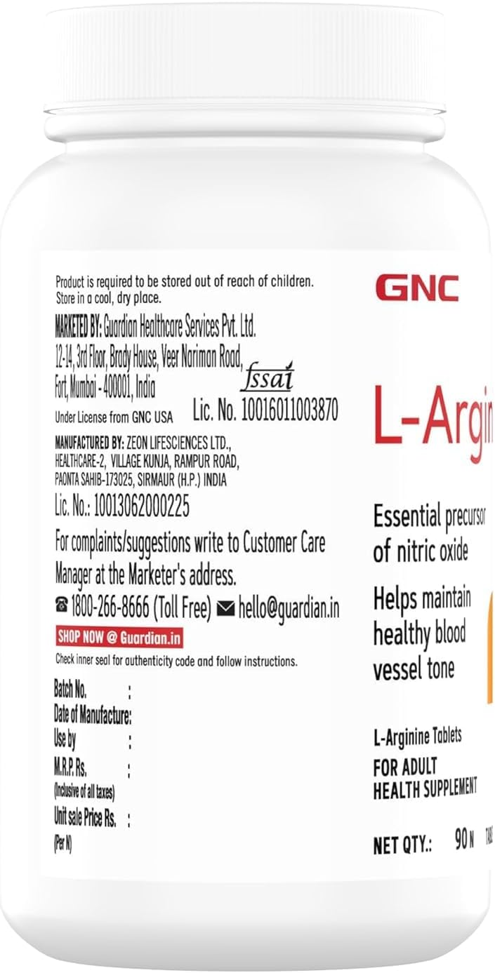 1000mg L-Arginine Tablets for Muscle Growth and Nitric Oxide Boost, USA-Made, 90 Count