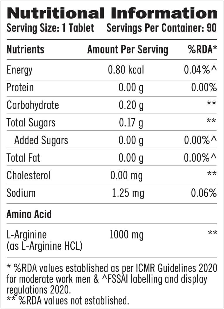 1000mg L-Arginine Tablets for Muscle Growth and Nitric Oxide Boost, USA-Made, 90 Count