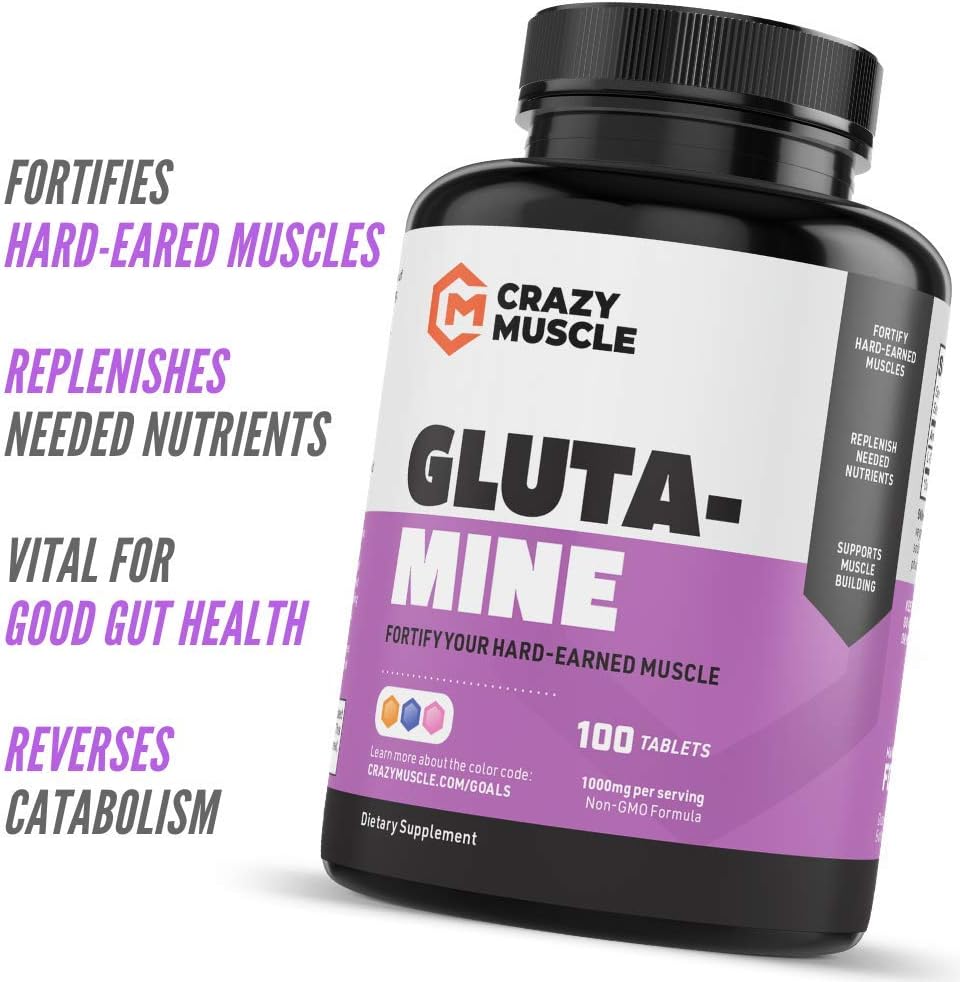 1000mg L Glutamine Capsules for Recovery & Strength Gains, Keto-Friendly Post Workout Supplement - 100 Pills
