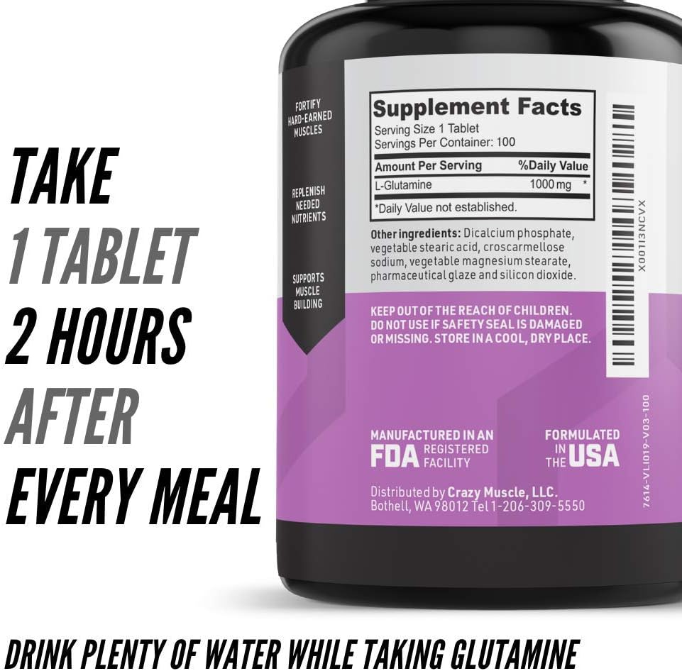 1000mg L Glutamine Capsules for Recovery & Strength Gains, Keto-Friendly Post Workout Supplement - 100 Pills