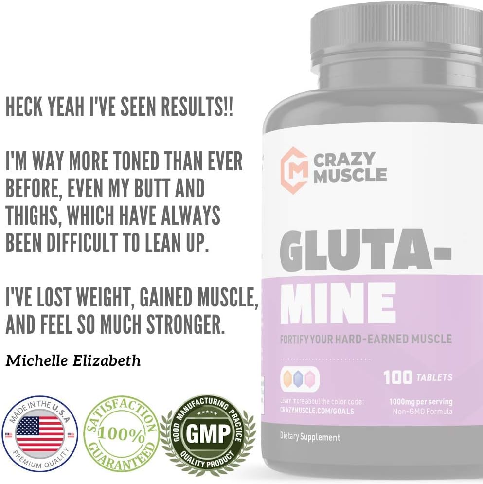 1000mg L Glutamine Capsules for Recovery & Strength Gains, Keto-Friendly Post Workout Supplement - 100 Pills