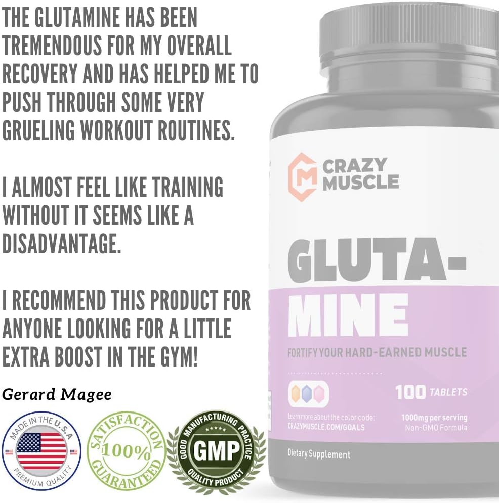 1000mg L Glutamine Capsules for Recovery & Strength Gains, Keto-Friendly Post Workout Supplement - 100 Pills