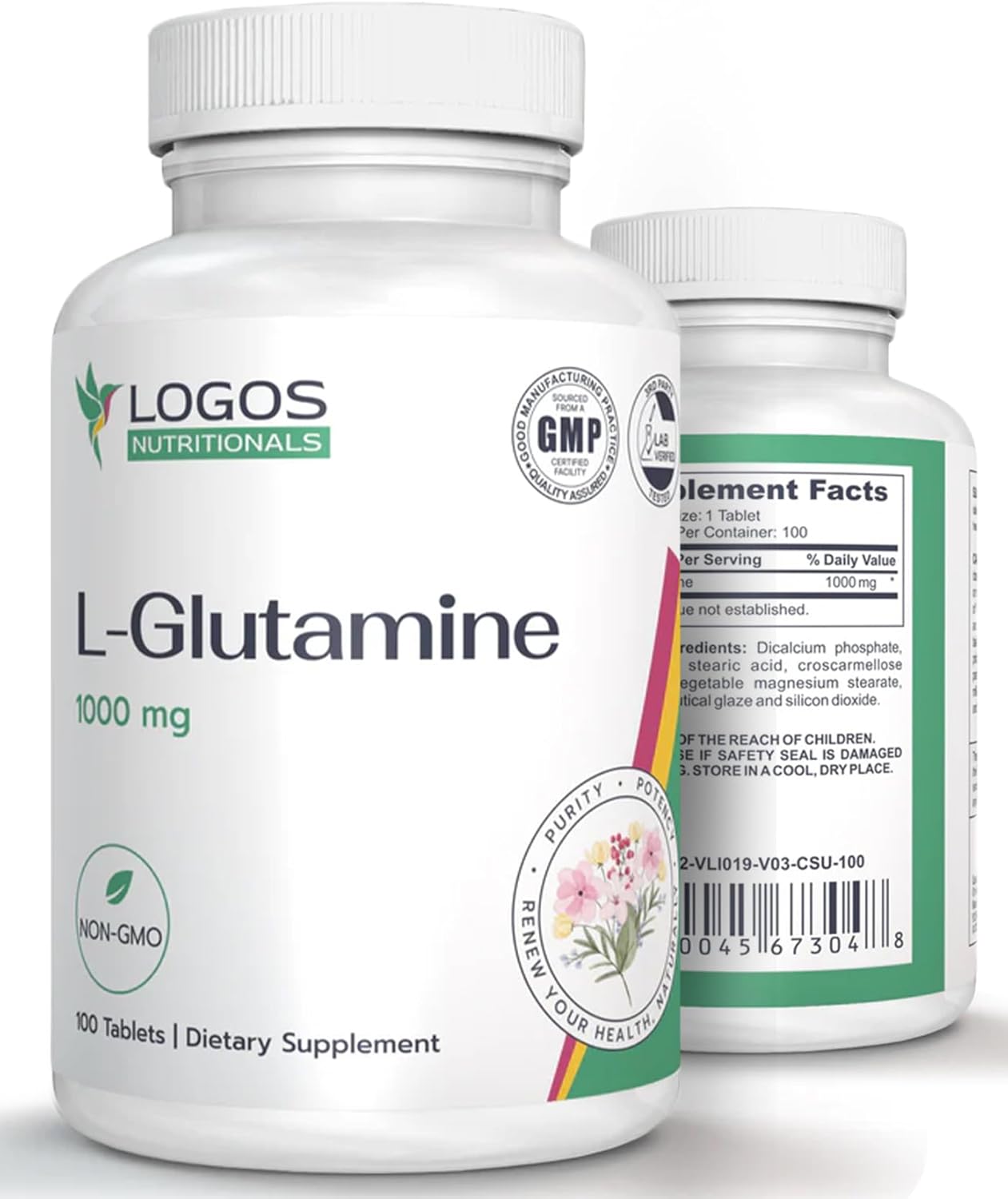 1000mg L-Glutamine Dietary Supplement for Muscle Tissues | Non-GMO Gut Health Support | Unflavored 100ct