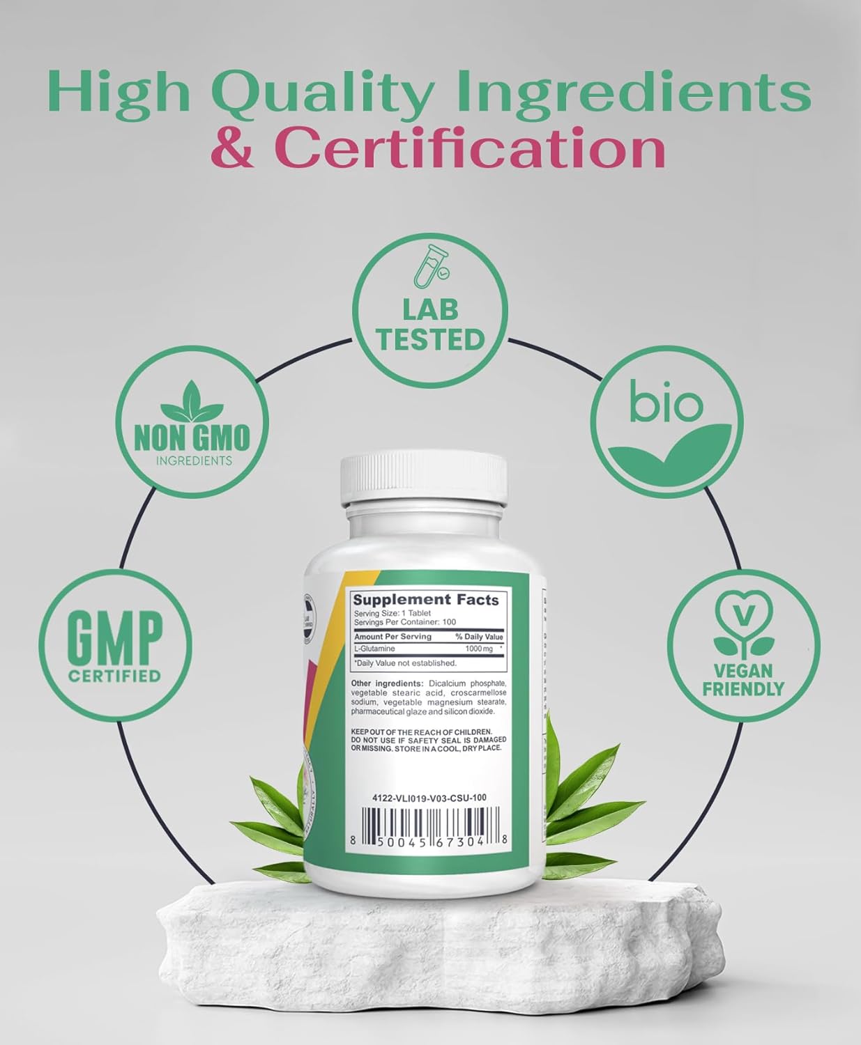 1000mg L-Glutamine Dietary Supplement for Muscle Tissues | Non-GMO Gut Health Support | Unflavored 100ct