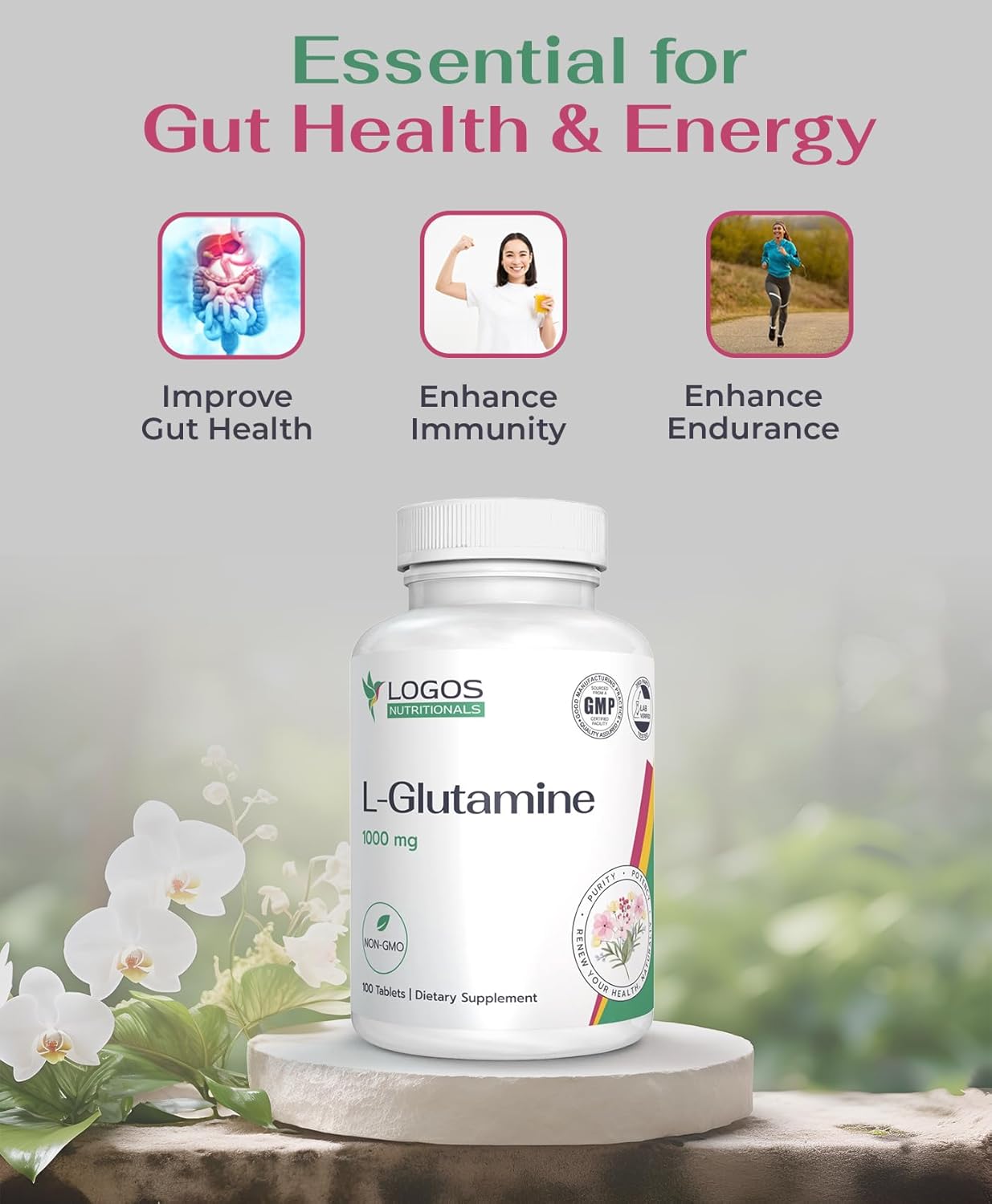 1000mg L-Glutamine Dietary Supplement for Muscle Tissues | Non-GMO Gut Health Support | Unflavored 100ct