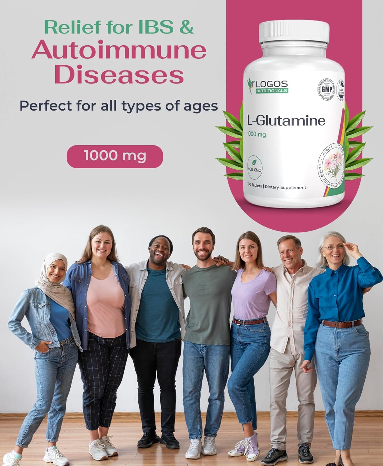 1000mg L-Glutamine Dietary Supplement for Muscle Tissues | Non-GMO Gut Health Support | Unflavored 100ct