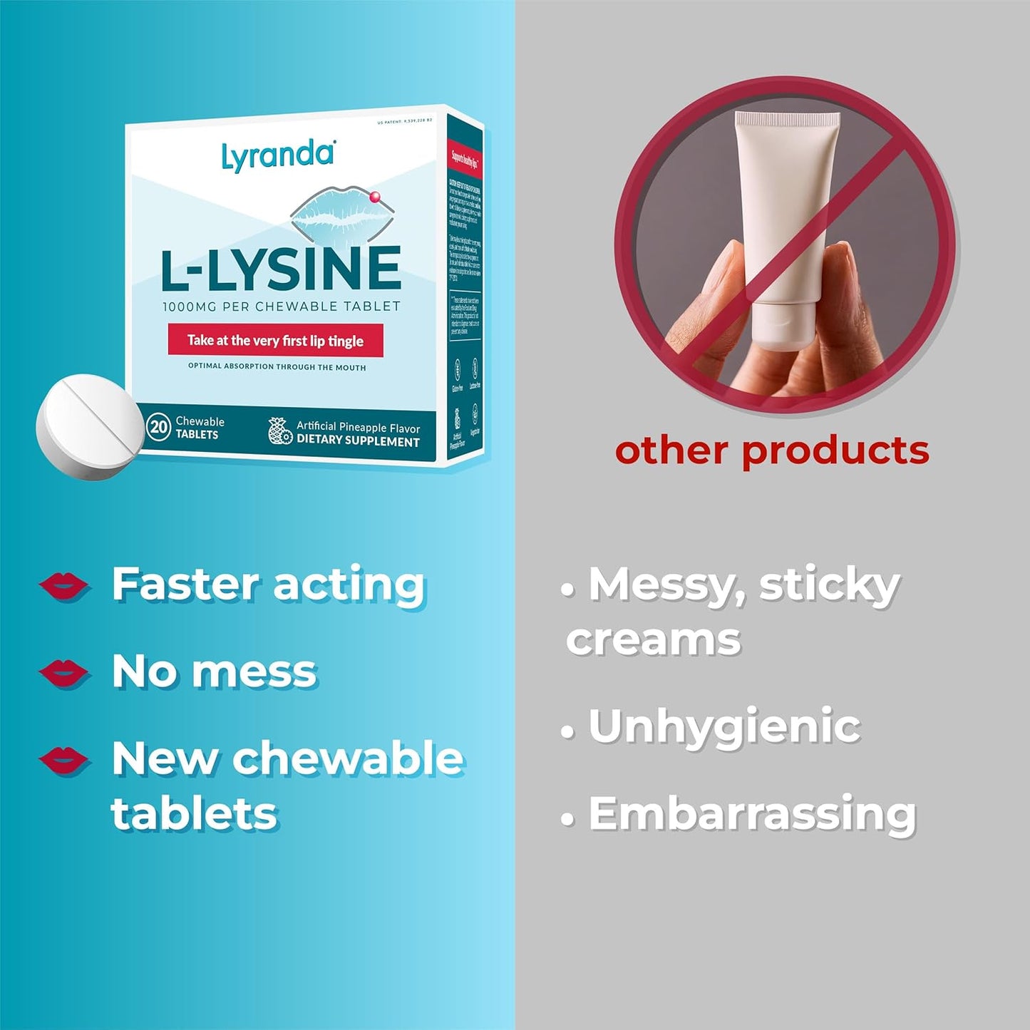 1000mg L-Lysine Chewable Tablets for Cold Sore Treatment - Rapid Absorption and Improved Cleanliness