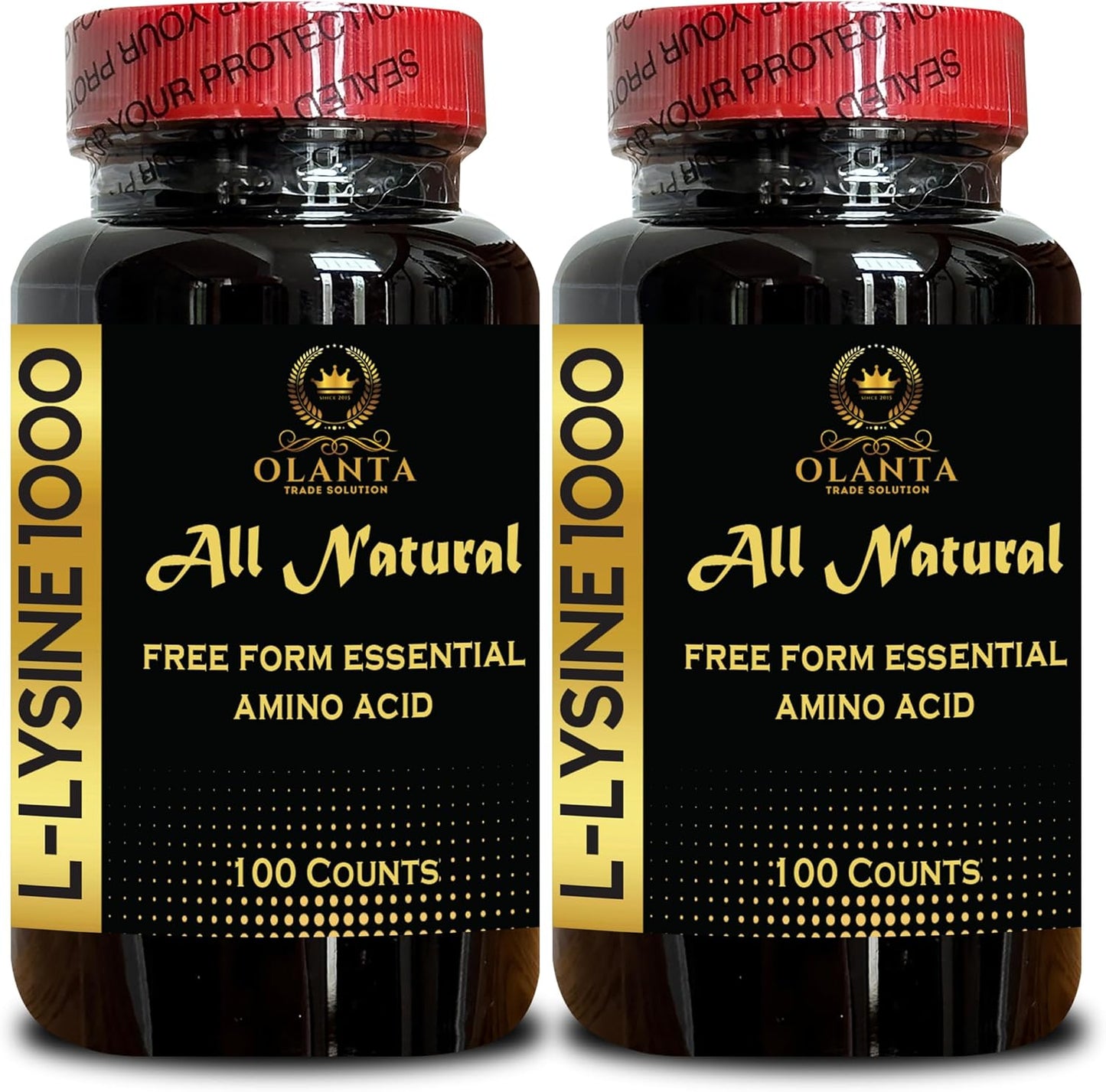 1000mg L-Lysine Free Form Amino Acid Supplement - Healthy Tissue Support, Protein Synthesis - 2 Bottles 200 Counts