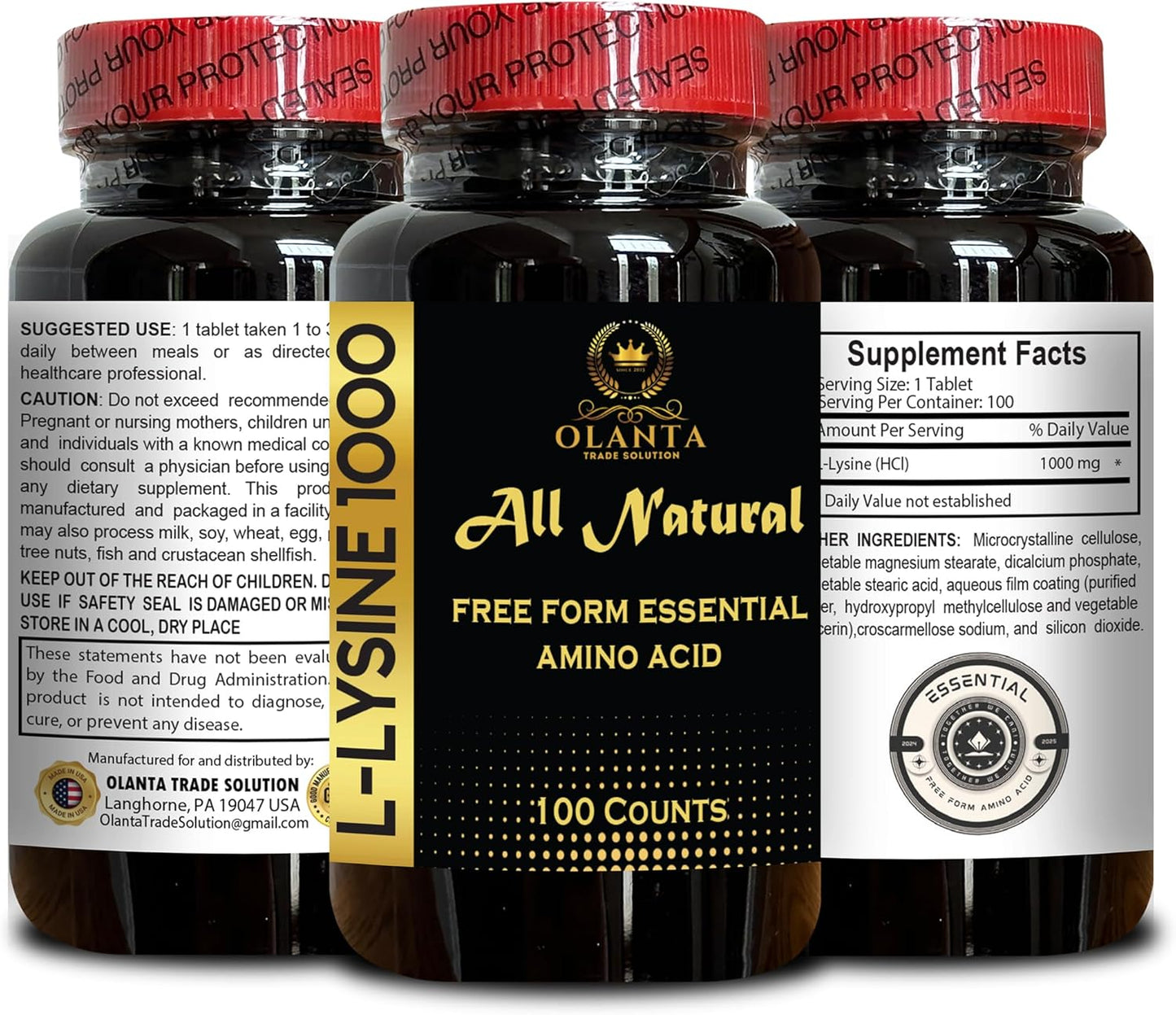 1000mg L-Lysine Free Form Amino Acid Supplement - Healthy Tissue Support, Protein Synthesis - 2 Bottles 200 Counts