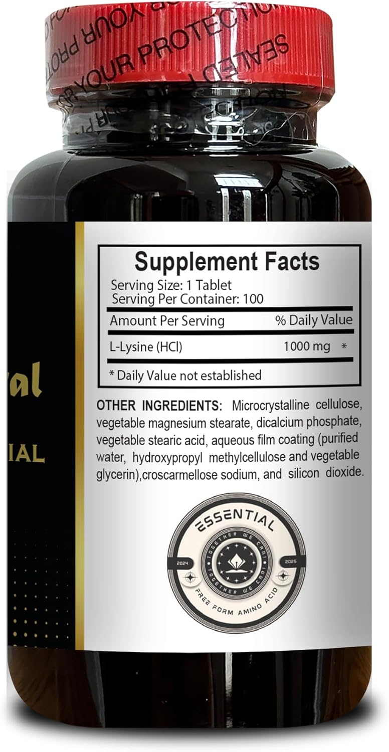 1000mg L-Lysine Free Form Amino Acid Supplement - Healthy Tissue Support, Protein Synthesis - 2 Bottles 200 Counts