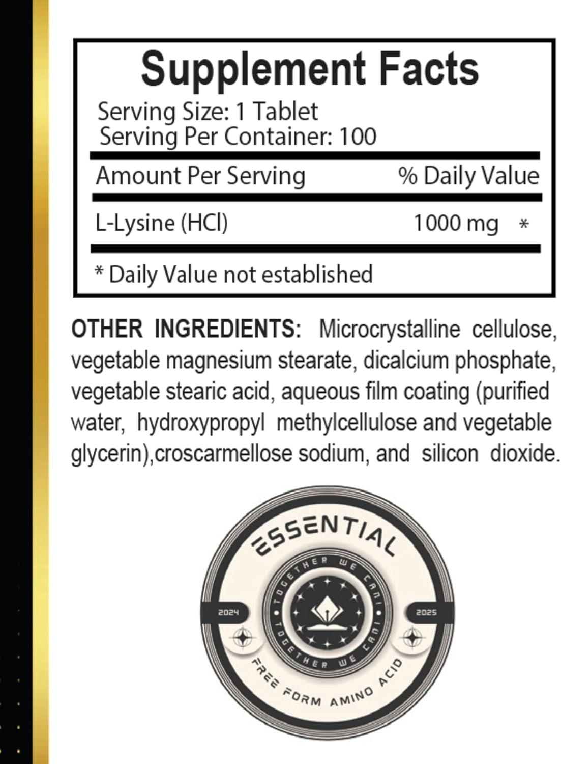 1000mg L-Lysine Free Form Amino Acid Supplement - Healthy Tissue Support, Protein Synthesis - 2 Bottles 200 Counts