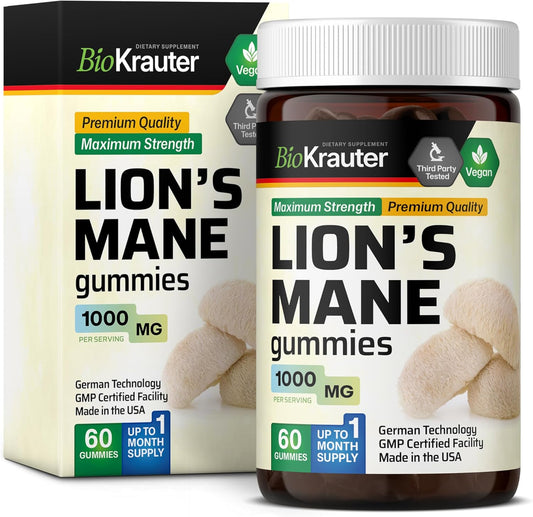 1000mg Lions Mane Gummies for Adults - 60 Vegan Chews - Brain Supplement - Gelatine-Free