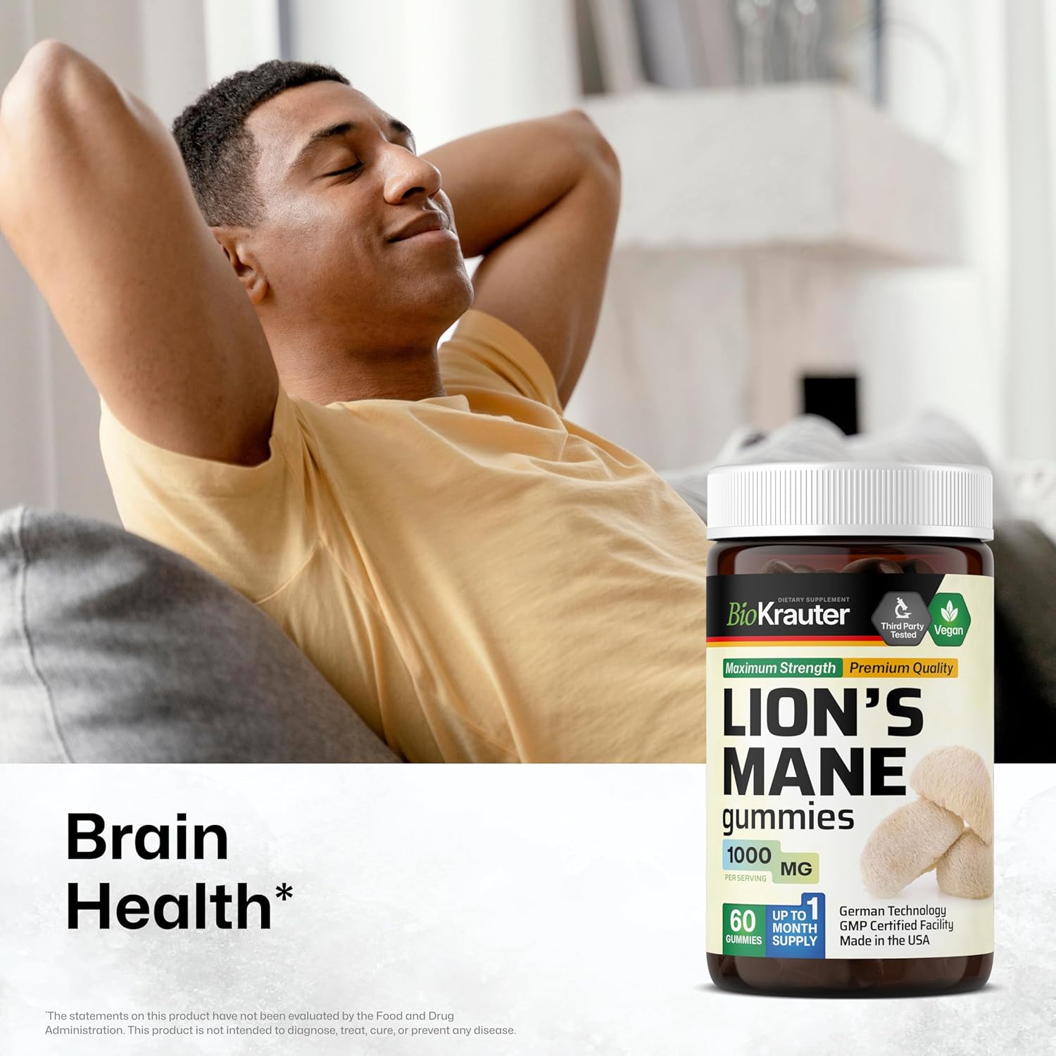 1000mg Lions Mane Gummies for Adults - 60 Vegan Chews - Brain Supplement - Gelatine-Free