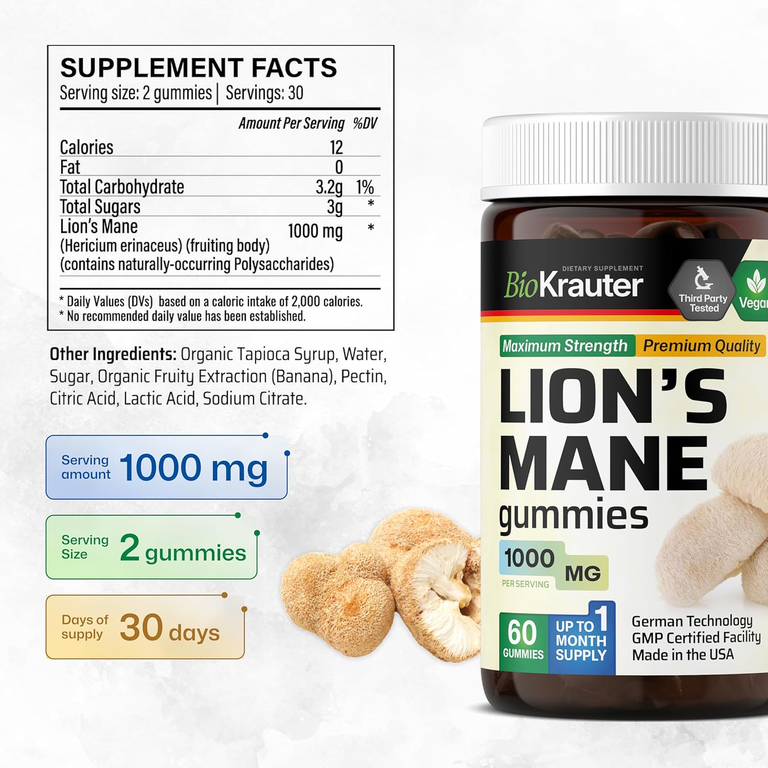 1000mg Lions Mane Gummies for Adults - 60 Vegan Chews - Brain Supplement - Gelatine-Free