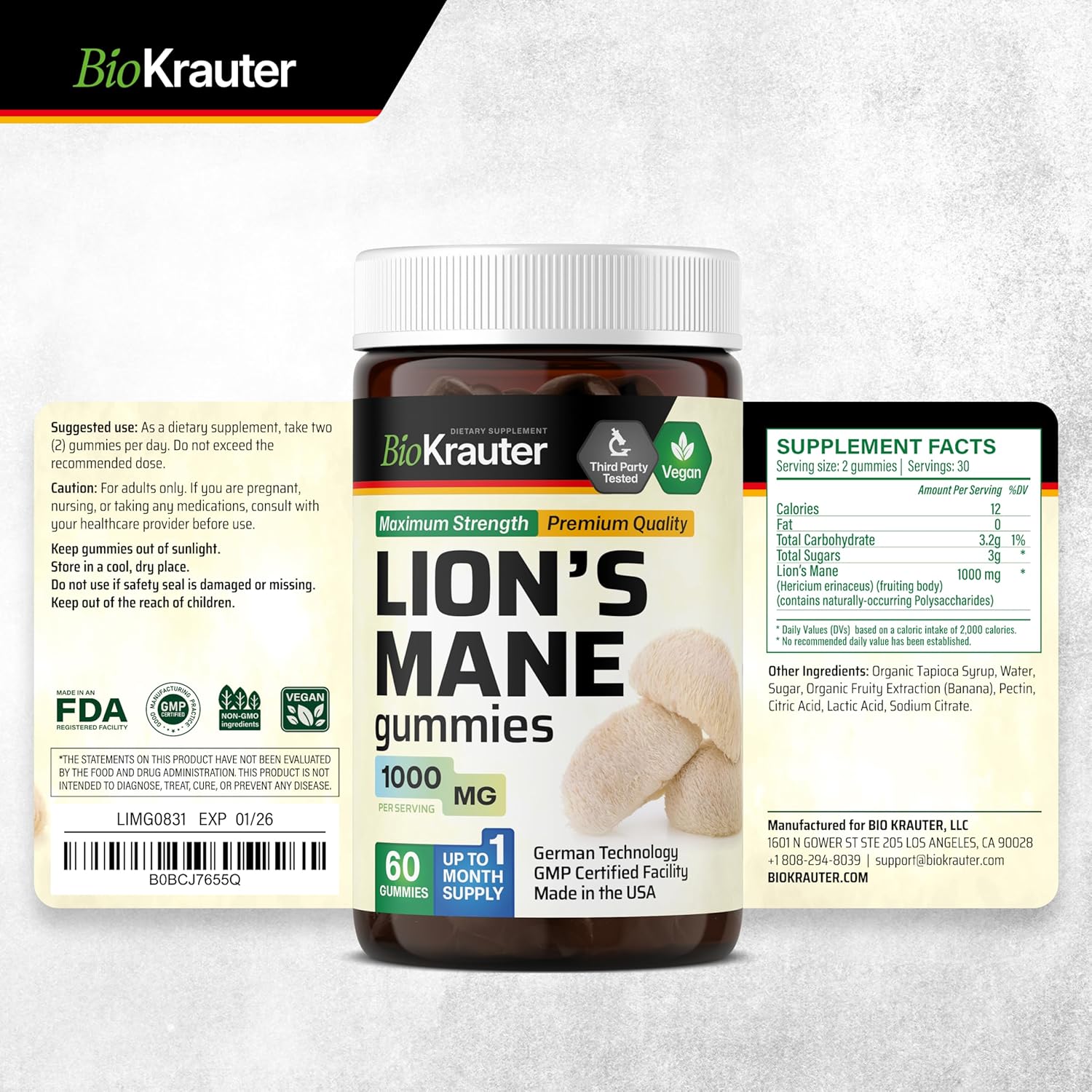 1000mg Lions Mane Gummies for Adults - 60 Vegan Chews - Brain Supplement - Gelatine-Free