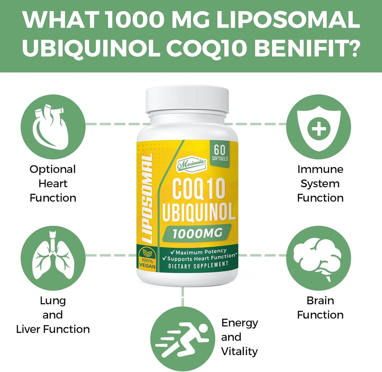 1000mg Liposomal CoQ10 Softgels for Heart Function & Energy Production - Vegan Ubiquinol Supplement with Better Absorption - Non-GMO - 120 Softgels