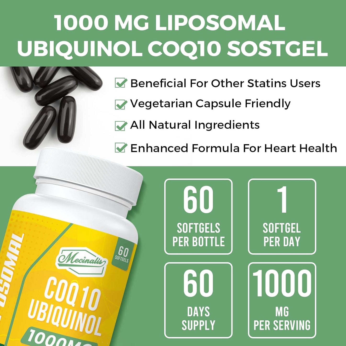 1000mg Liposomal CoQ10 Softgels for Heart Function & Energy Production - Vegan Ubiquinol Supplement with Better Absorption - Non-GMO - 120 Softgels