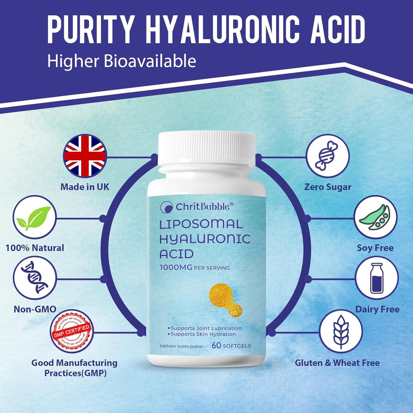 1000mg Liposomal Hyaluronic Acid Capsules for Skin & Joint Repair - Pure Dietary Supplement for Women and Men