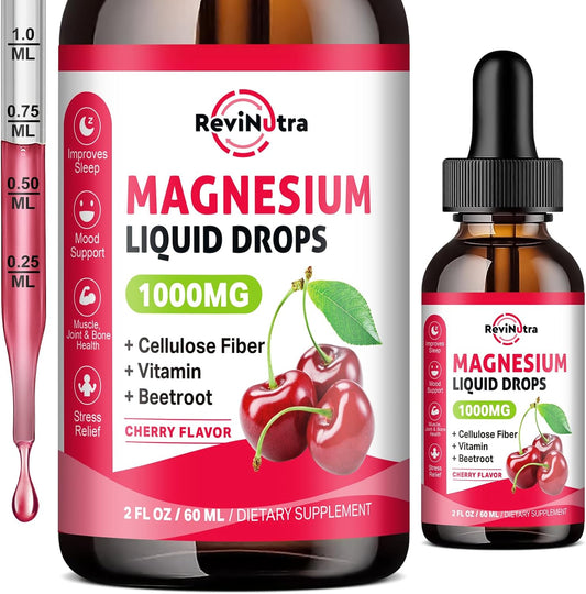 1000mg Magnesium Glycinate Liquid Drops with Fiber, Beetroot, Vitamin B & C - Sleep, Calm, Muscle, Energy, Relaxation - 2 Fl Oz Sugar-Free Cherry Flavor
