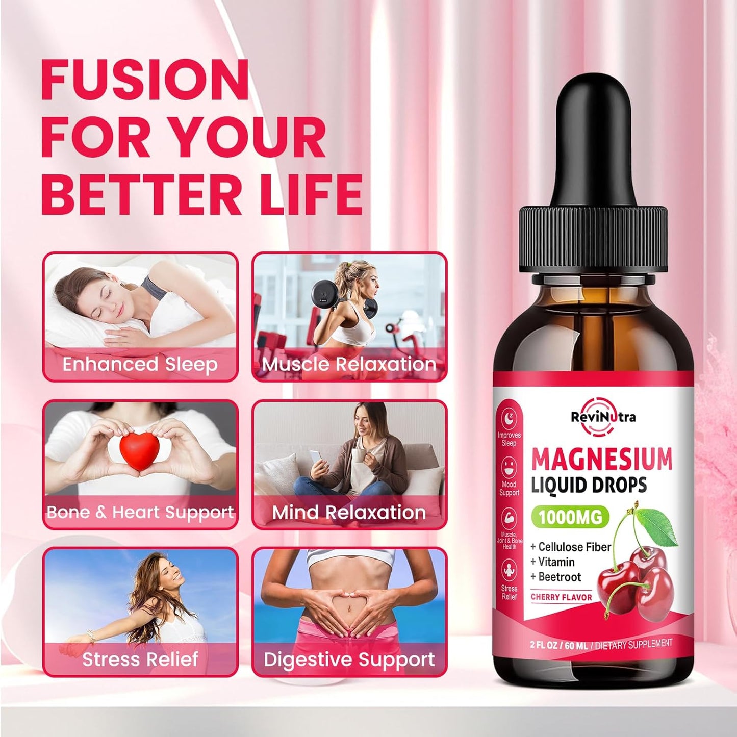 1000mg Magnesium Glycinate Liquid Drops with Fiber, Beetroot, Vitamin B & C - Sleep, Calm, Muscle, Energy, Relaxation - 2 Fl Oz Sugar-Free Cherry Flavor