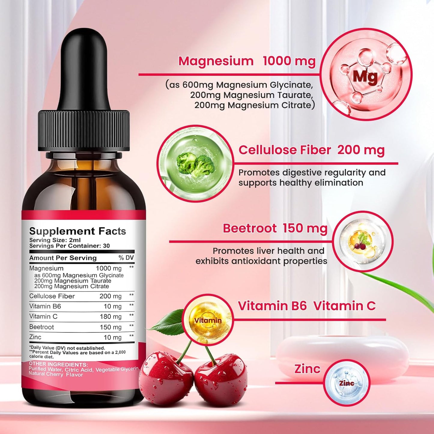 1000mg Magnesium Glycinate Liquid Drops with Fiber, Beetroot, Vitamin B & C - Sleep, Calm, Muscle, Energy, Relaxation - 2 Fl Oz Sugar-Free Cherry Flavor