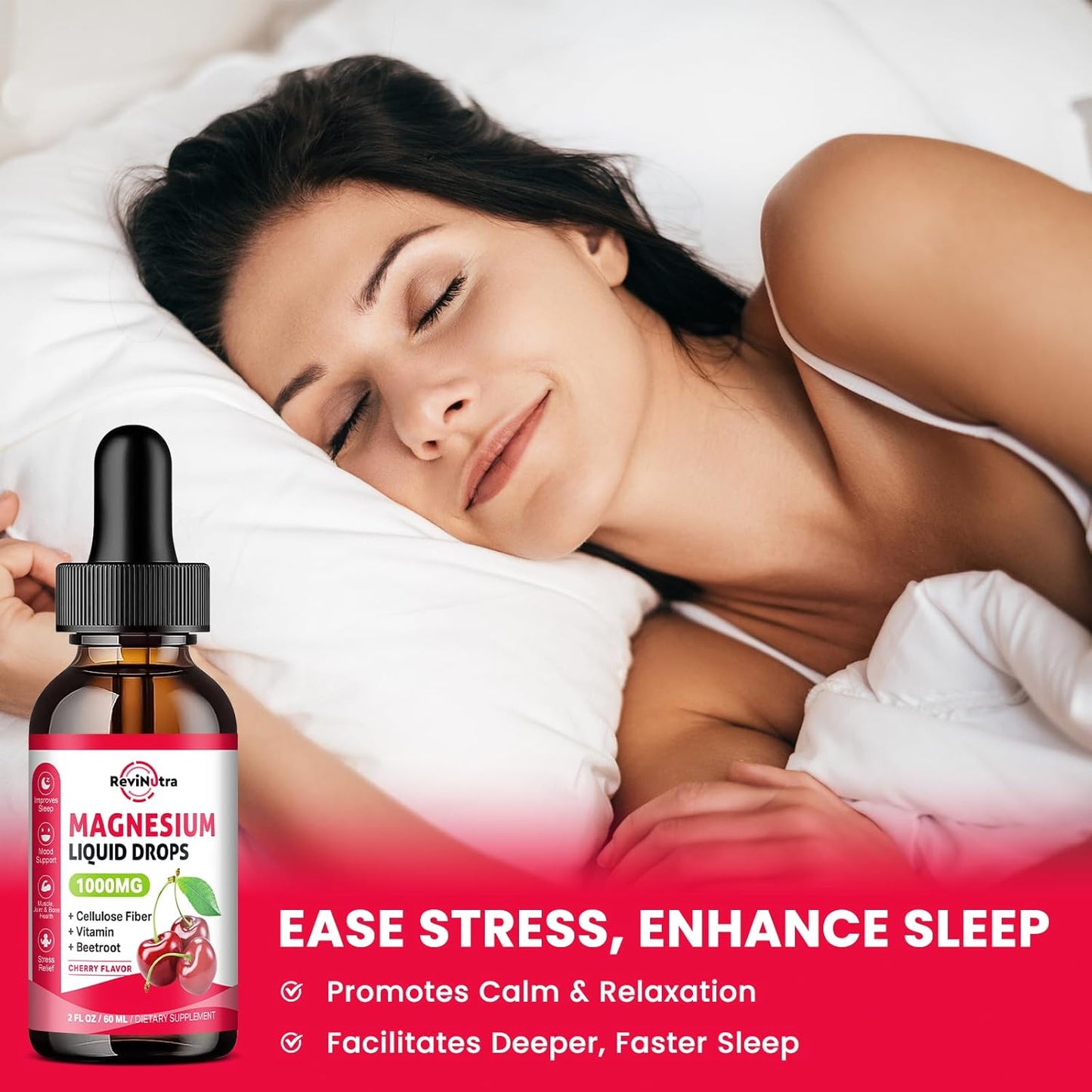 1000mg Magnesium Glycinate Liquid Drops with Fiber, Beetroot, Vitamin B & C - Sleep, Calm, Muscle, Energy, Relaxation - 2 Fl Oz Sugar-Free Cherry Flavor